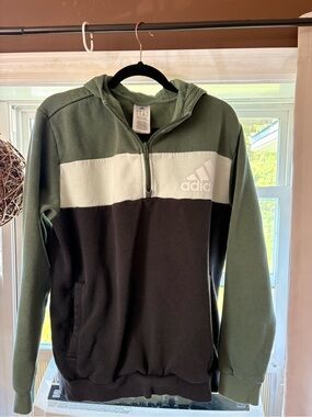 adidas Men’s Olive Green, Black & White Half-Zip Fleece Hoodie